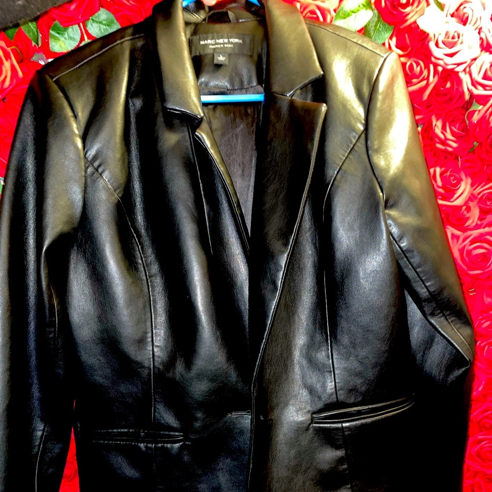MARC NEW YORK BLACK FAUX LEATHER BLAZER